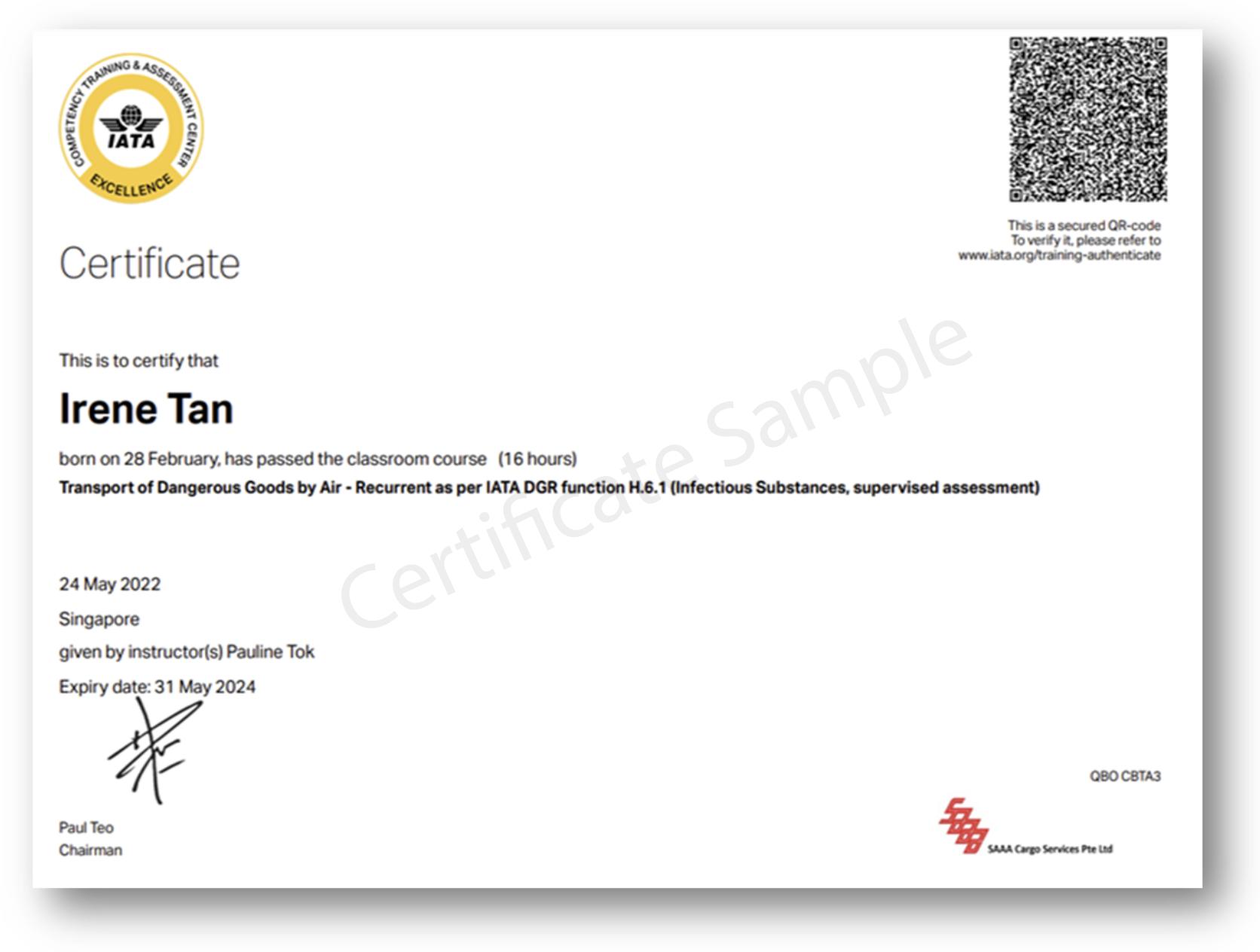 Sample IATA dangerous goods certificate with QR code