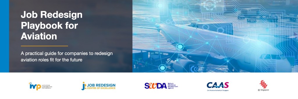 Job Redesign Playbook for Aviation banner with partner logos from IHRP, Job Redesign Centre of Excellence, Skills and Workforce Development Agency, CAAS, and SAAA@Singapore